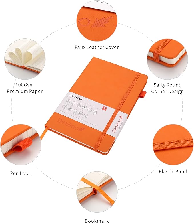 Deziliao Lined Journal Notebooks with Pen Loop, Hardcover Notebook Journal for Work, 100Gsm Premium Thick Paper with Inner Pocket, Medium 5.7''''x8.4'''', ?Orange, Ruled, 1 Pack