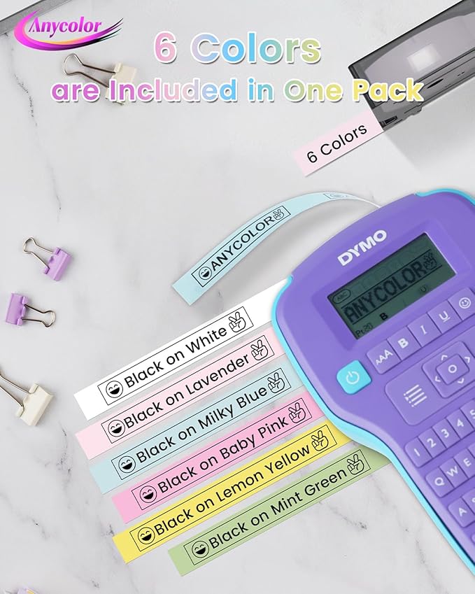 Anycolor 6-Pack Compatible with Dymo D1 Label Tape 12mm 0.47" D1 Label Maker Refills Work with DYMO LabelManager 160 280 420P COLORPOP Labeler