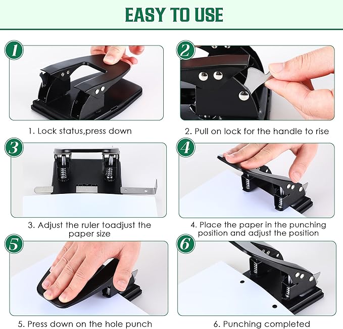 Dreyoo 2 Hole Punch with 100 Self Adhesive Prong Paper Fasteners, 2 Hole Paper Puncher for File Folder and Metal File Fasteners Combo Set, 30 Sheet Capacity, 2.75 Inch Center Paper Fasteners