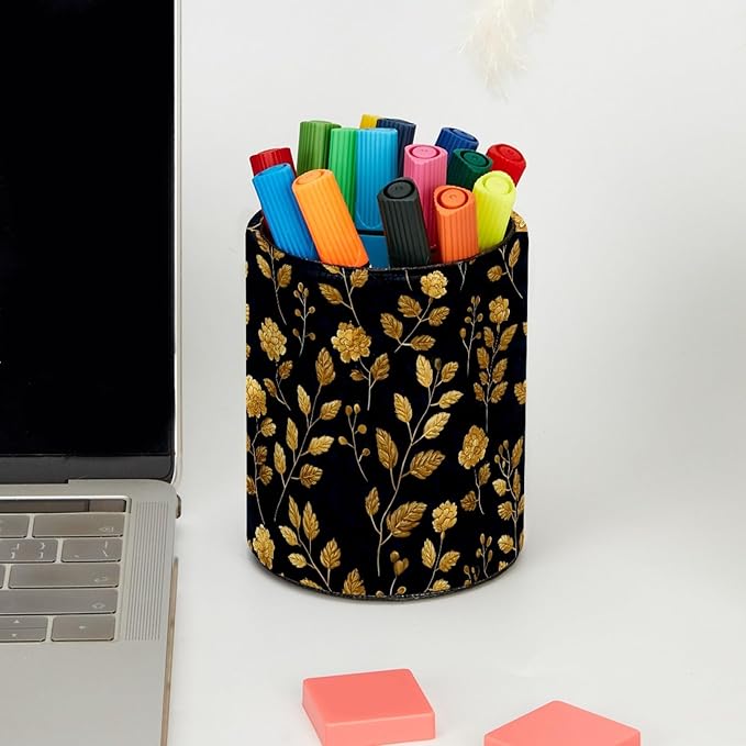 Leather Pen Holder for Desk Floral Golden Pencil Cup Desktop Organizer Makeup Brush Holders Office Supplies for Home, Kids & School