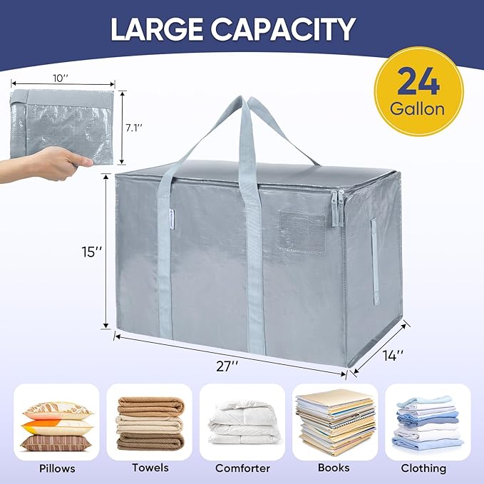 TICONN 2 Pack Extra Large Moving Bags with Zippers & Carrying Handles, Heavy-Duty Storage Tote Moving Boxes for Space Saving (2 Pack, Light Grey)