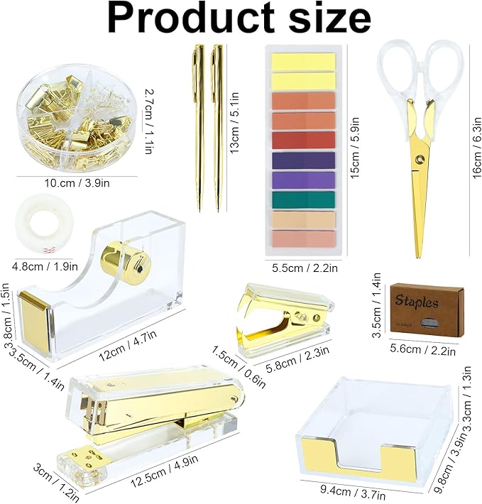 Buqoo Gold Acrylic Sticky Notes Holder Stapler and Tape Dispenser Cutter with Staple Remover, Sticky Notes, Paper Clips, Scissor, Ballpoint Pen for School Home N Office Supplies
