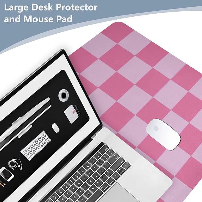 Mouse Pad Desk Mat Leather Desk Pad Large Gaming Desk Cover Protector Mat for Keyboard Computer Laptop Office Waterproof 35.4 x 16.5 Inch Checkered Pink