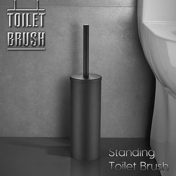Toilet Bowl Brush Stainless Steel Black Toilet Brush and Holder Set Premium Toilet Brush Freestanding Includes 2 Brush Heads - Enclosed Concealed Design (Black)