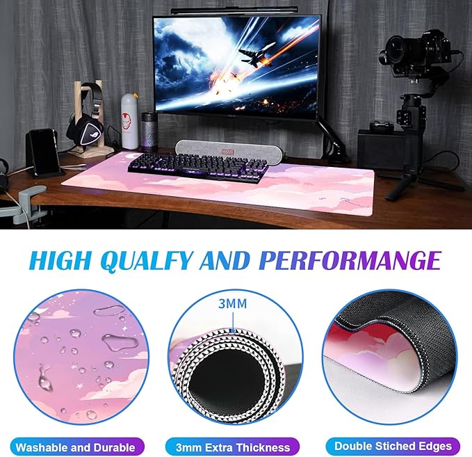 Cute Anime Cloud Desk Mat, Beautiful Pink Stitching Edge Non Slip Rubber Mouse Pad, Suitable for Female and Girl Office Decoration 35.4 x 15.7 x 0.12 Inches