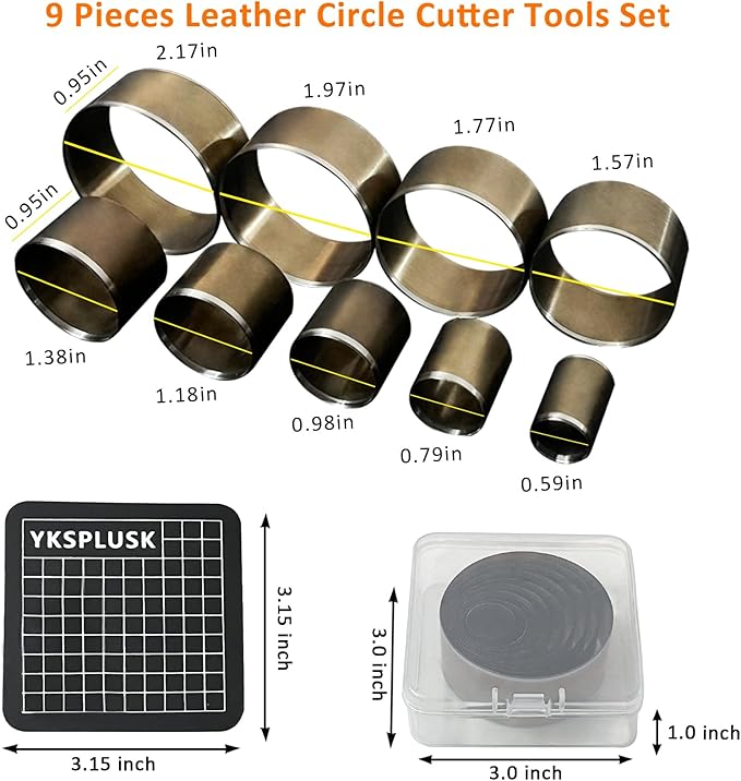 Leather Circle Cutter Tool Set, 9 Pieces Circle Punch Tools 15 20 25 30 35 40 45 50 55mm, High Carbon Steel Round Leather Cutting Dies - Leather Hole Punch Tool Kit for DIY Leather Crafts
