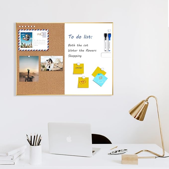 ARCOBIS Cork Board White Board Combo, 24 x 18 Inch Bulletin Board-Gold Frame, Magnetic Dry Erase Board & Corkboard for Wall, Vision Board for Home, Office, School