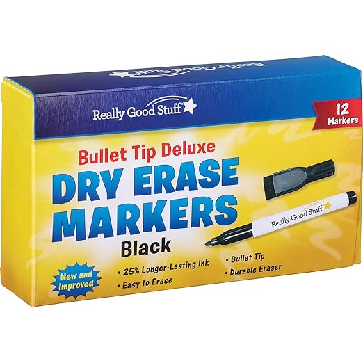 Really Good Stuff Black Bullet Tip Deluxe Dry Erase Markers - 12 markers