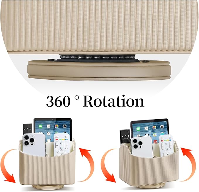 PU Leather Remote Control Holder, 360 Degree Rotating Desk Organizer Storage Table Remote Caddy, Spinning Bedside Organizer Nightstand Organizer for Desktop Office Home (Beige)