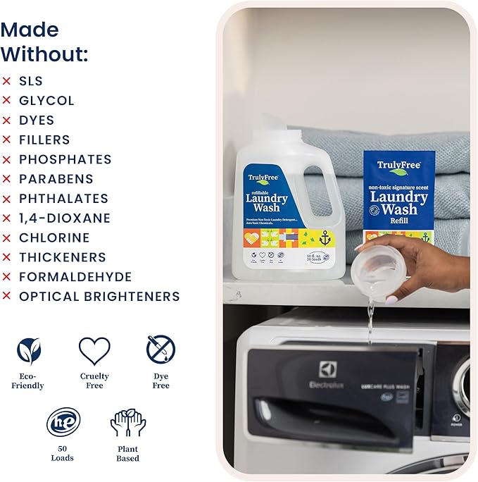 Truly Free Laundry Wash Detergent for Sensitive Skin, Gentle & Safe for Baby Clothes | Plant-Based, Natural Ingredients | Unscented | Include 1 Refillable Bottle (150 Loads)