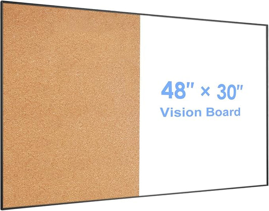 ARCOBIS Cork Board White Board Combo, Bulletin Board-Black Frame, Magnetic Dry Erase Board & Corkboard for Wall, Vision Board for Home, Office, School (Black, 48 x 30)