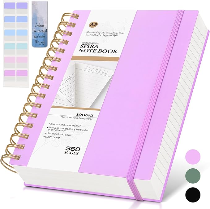 Spiral Notebook Journal,360 Pages College Ruled Notebooks,Lined Thick Journals for Women Men, A5 Thick Spiral Journal for Writing,100GSM Paper, Spiral Notebooks for Work School 5.5"x8.5" Purple