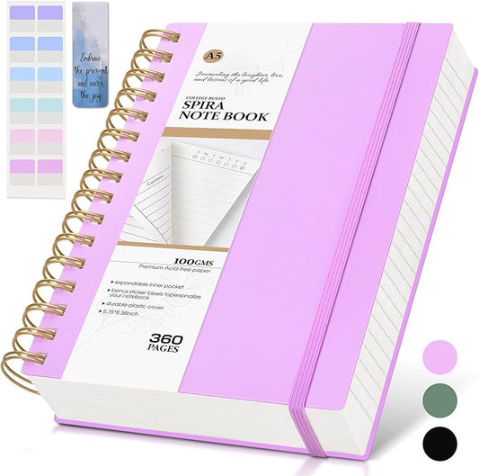 Spiral Notebook Journal,360 Pages College Ruled Notebooks,Lined Thick Journals for Women Men, A5 Thick Spiral Journal for Writing,100GSM Paper, Spiral Notebooks for Work School 5.5"x8.5" Purple