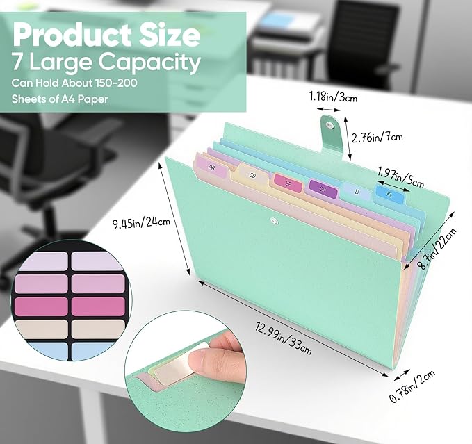 Accordion File Organizer with 7 Pockets,Eco-Friendly Wheat Straw Expanding File Folder,A4/Letter Size Portable Document Folder with Labels and Snap Closure for School Office College Supplies