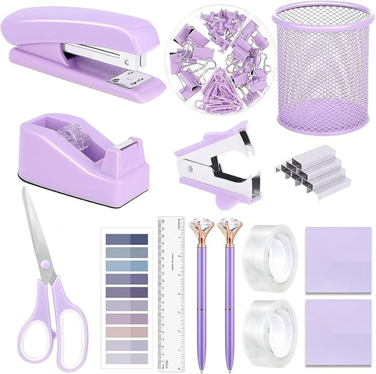 Office Supplies Set,Desk Accessories,Stapler And Tape Dispenser Set,Pen Holder,1000 Staples,Staple Remover,Hinder Clips,Ruler,Scissor,Index Tabs,Clear Tape,Ballpoint Pen,Sticky Notes,Coworkers(Purple)
