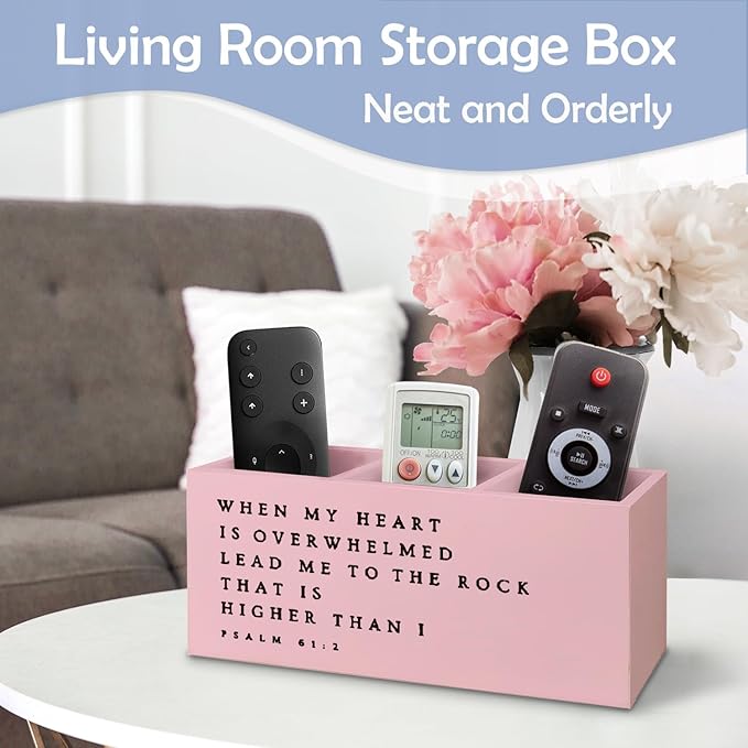 SNNDER Inspirational Christian Pen Holder for Desk, Christian Religious Gifts for Women Men, Psalm 61:2 Bible Verses Wooden Pen Pencil Holder Organizer for Home Office Desk Accessories(PINK)