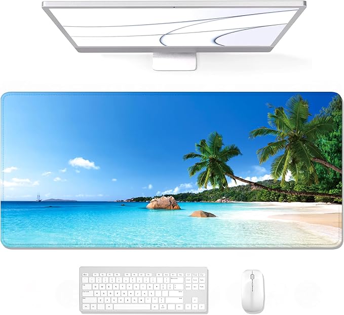 Auhoahsil Large Gaming Mouse Pad, Beach Theme XXL 35.4 x 15.7 in Desk Pad Stitched Non-Slip Rubber Long Computer Mousepad Thin Extended Full Size Desk Mat for Desktop, Laptop, Wireless Mice, Blue