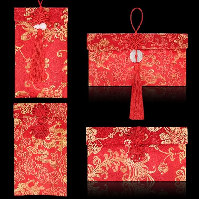 4 Pieces Silk Red Envelope Chinese Red Pocket Lucky Money Hong Bao Card Envelope for Spring Festival Wedding New Year Birthday, 4 Styles with Chinese Knot Jade Pendant Copper Coin (4)