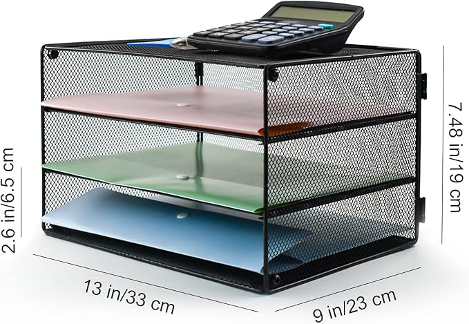 VANRA 3 Tier Letter Tray Paper Organizer Metal Mesh Desktop Document File Organizer with Sliding Tray for Office and Study