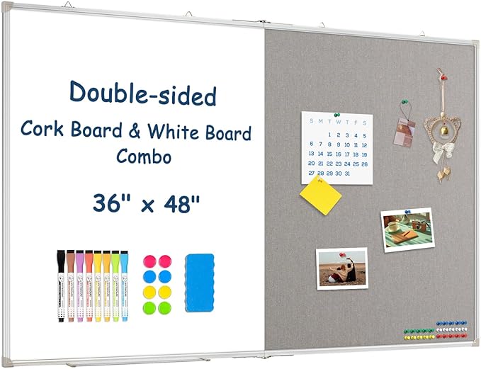 Large White Board Dry Erase Foldable Bulletin Board Combo, 48" x 36" Double Sided Dry Erase Board for Wall, Magnetic Whiteboard Bulletin Board with Linen for Office, Home, School, Kitchen -Gray