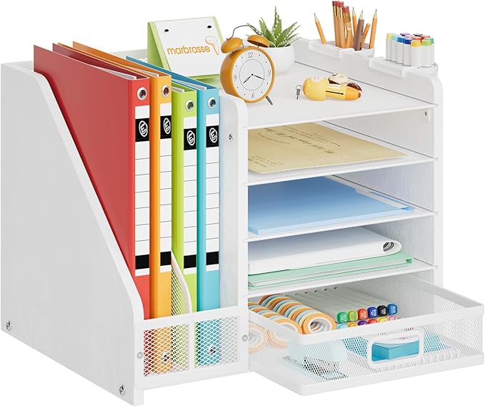 Marbrasse Desk Organizer with File Holder, 5-Tier Paper Letter Tray Organizer with Drawer and 2 Pen Holder, Mesh Desktop Organizer and Storage with Magazine Holder for Office Supplies (Wood-White)