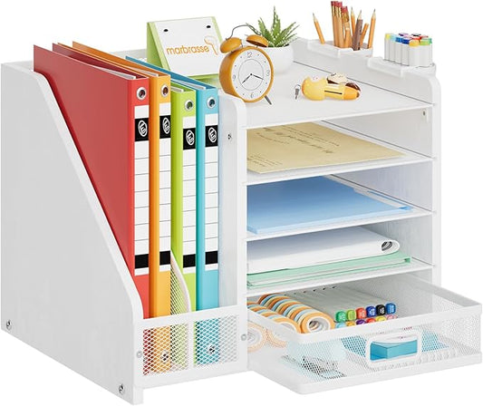 Marbrasse Desk Organizer with File Holder, 5-Tier Paper Letter Tray Organizer with Drawer and 2 Pen Holder, Mesh Desktop Organizer and Storage with Magazine Holder for Office Supplies (Wood-White)