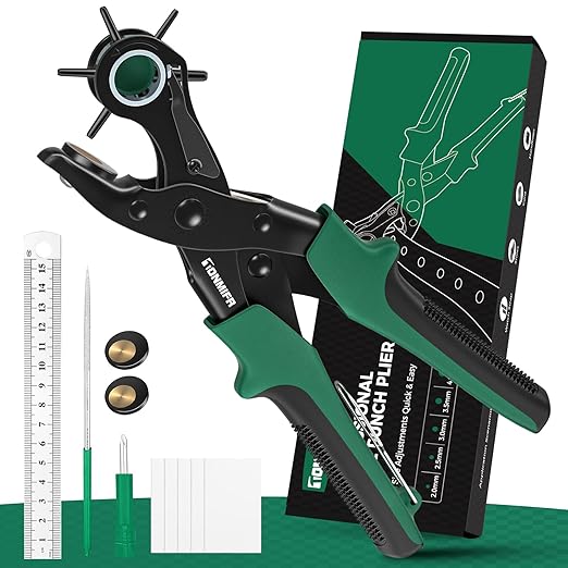 Professional Leather Hole Punch Plier - Tonmifr Heavy Duty 6 Sizes Belt & Watch Band Hole Puncher Tool, Leather Craft Tool for Belts, Handbags, Straps, Cardboard, Precision Ground Punches with Non-Sli