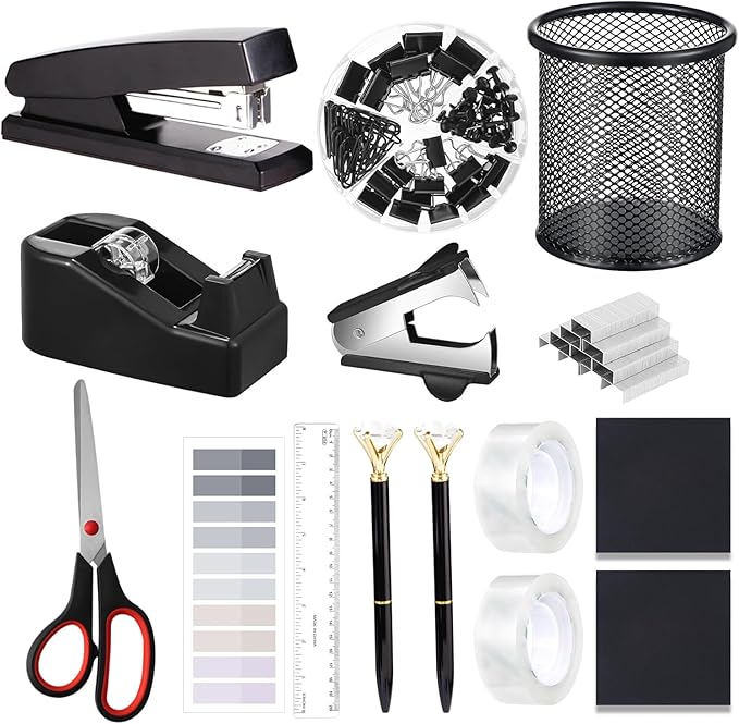 Office Supplies,Desk Accessories, Stapler and Tape Dispenser Set for Women with Stapler, Tape Dispenser, Staple Remover, Staples, Clips, Scissor and Tabs,Gift for Students, Coworkers