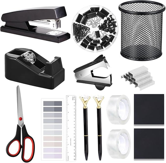 Office Supplies,Desk Accessories, Stapler and Tape Dispenser Set for Women with Stapler, Tape Dispenser, Staple Remover, Staples, Clips, Scissor and Tabs,Gift for Students, Coworkers