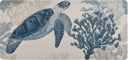 Mouse Pad Desk Mat Leather Desk Pad Large Gaming Desk Cover Protector Mat for Keyboard Computer Laptop Office Waterproof 47.2 x 23.6 Inch Beige and Blue Ocean Turtles Corals
