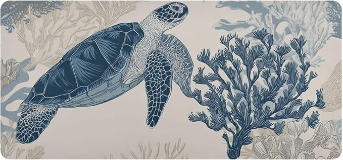 Mouse Pad Desk Mat Leather Desk Pad Large Gaming Desk Cover Protector Mat for Keyboard Computer Laptop Office Waterproof 35.4 x 16.5 Inch Beige and Blue Ocean Turtles Corals