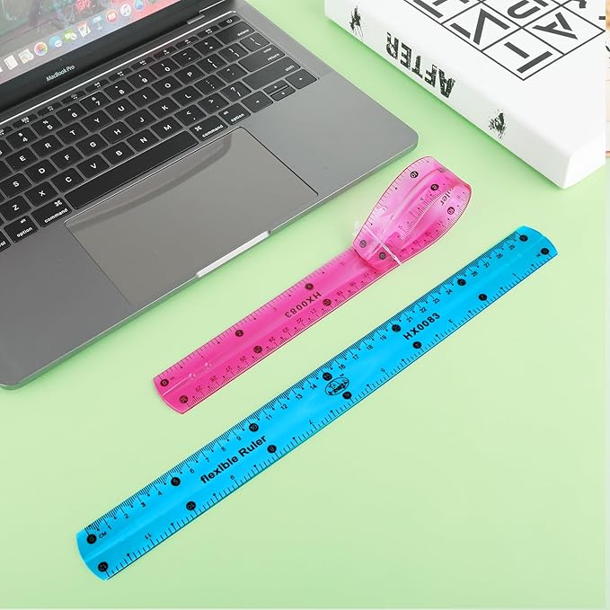 Grevosea 2 PCS Flexible Ruler Bendable Unbreakable Safe Soft Transparent Clear Shatterproof Clear Rulers Straight Flat Plastic Ruler for Home School Classroom Office Kids Adults (Purple, Blue)