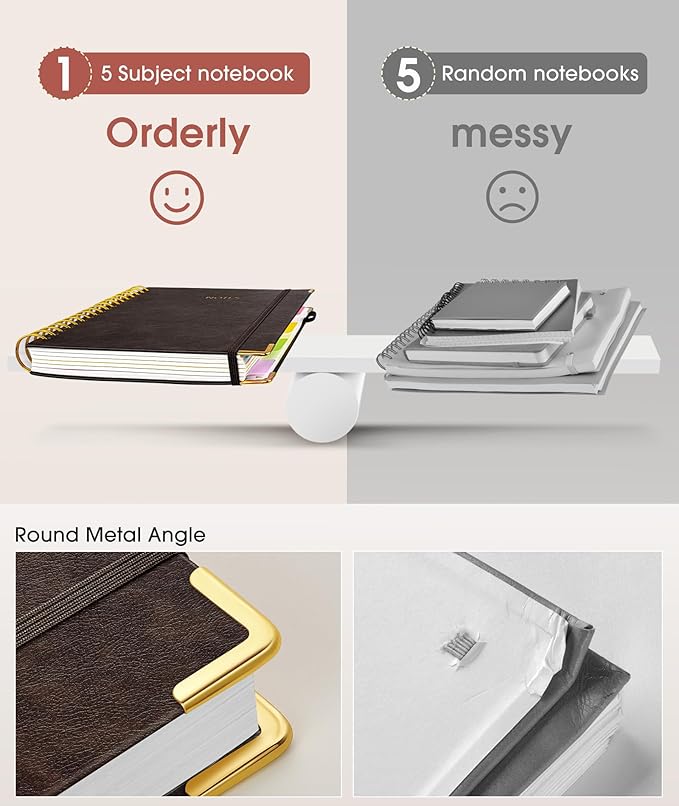 Hardcover Spiral Notebook Journal with Removable Dividers Tabs, 300 Pages Leather 5 Subject Notebook College Ruled, 8"x10" Large B5 Notebooks for Work School Note taking, Lined Journal for Men,Brown