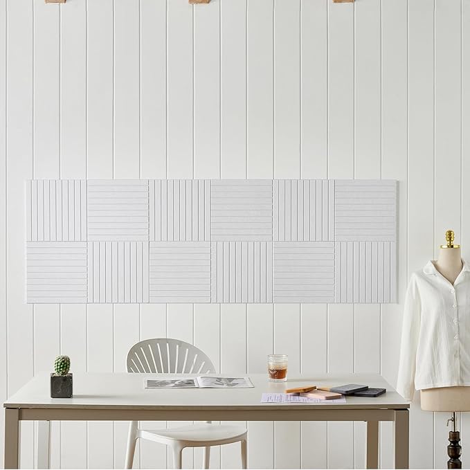 12-Pack Felt Wall Tiles, Large Bulletin Board with Safe Removable Adhesive Tapes, 11.8 x 11.8in Panels Alternative for Home Wall Decor, Striped White Pattern