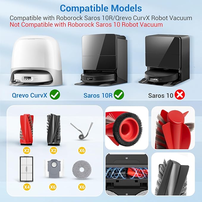 28 Pack Saros 10R Accessories for Roborock Saros 10R/Qrevo CurvX/G20s Ultra Vacuum, Replacement Part with 2 Red Roller,2 Black Roller,4 Hepa,6 Mop,6 Dust Bag,6 Side Brush,1 Screwdriver,1 Clean Brush