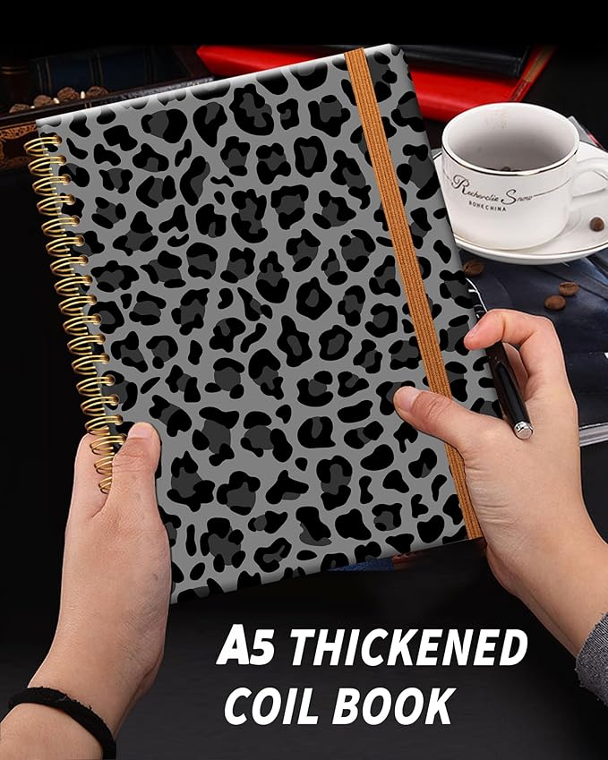 Ruled Spiral Writing Notebook,A5 Hardcover Lined College Journal for Women Lady Girl,Strong Twin-Wire Binding with Premium Paper,8.4" X 6",Perfect for School,Office,Home Gifts(black and gray leopard)