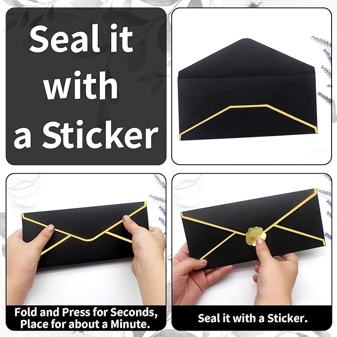 Business Envelopes with V-Flap,Gold Border 30 Pack #10 Envelopes Made of 150gsm Paper, Standard Envelopes with Gold Stickers for Office, Checks, Letter Mailing,9.45 x 4.13 Inches (Black)