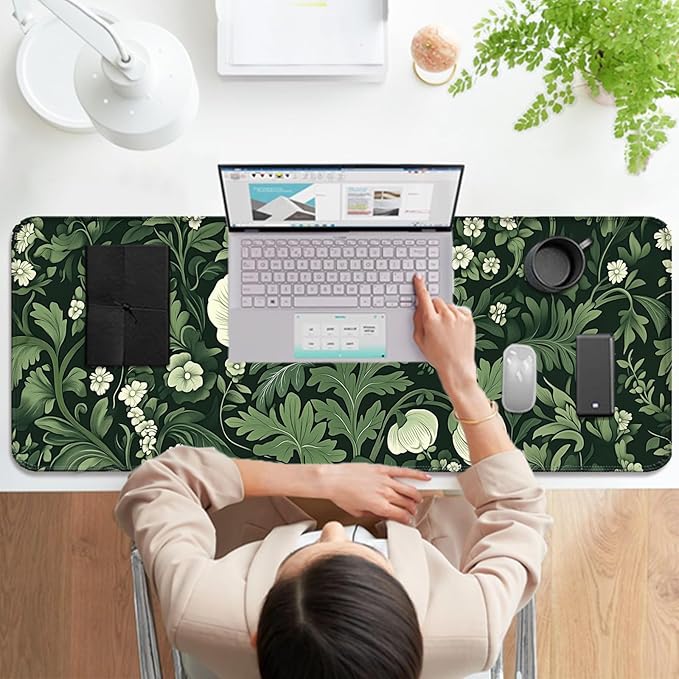Green Plant Wildflower Gaming Desk Mat, Computer Keyboard Large Extended Long Floral Mouse Pad for Office and Home, XL (W26)