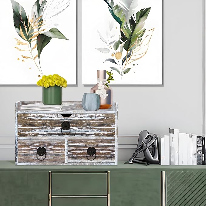 Washed Brown Wood Desk Organizer, Desktop Organizer with Drawers, Mini Tabletop Storage Organization Container for Home Office Supplies, No Assembly Required (3 Drawer and Shelf)