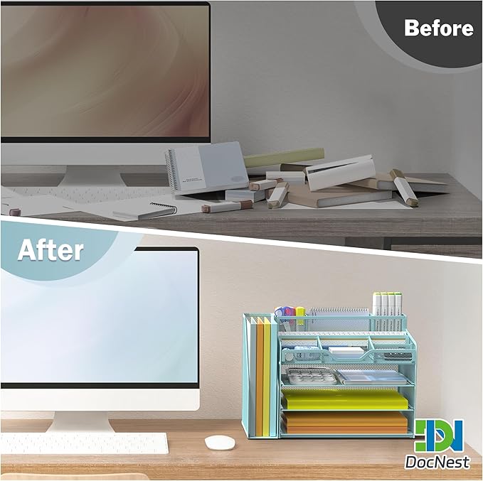 Docnest 4 Tier Mesh Desk Organizer with File Holder – Multi-Functional Paper Letter Tray with 5 Adjustable Compartments, 3 Pen Holders, Desktop Storage for Files, Mail, Stationery – Blue