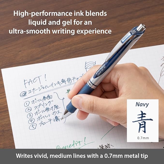 Pentel Refill Ink for EnerGel RTX Retractable Gel Pen, 12 Pack, 0.7mm, Medium Point, Navy Blue (LR7-CA)
