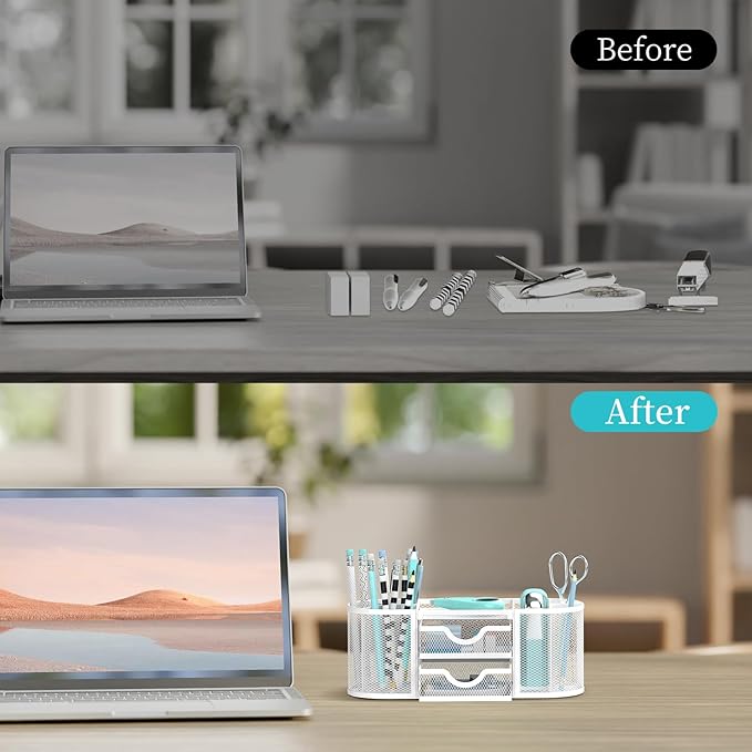 SUPEASY Mesh Desk Organizer, Desk Organizers and Accessories, Pen Holder with Drawers, Pencil Holder for Desk with 2 Drawer for Office Supplies, White