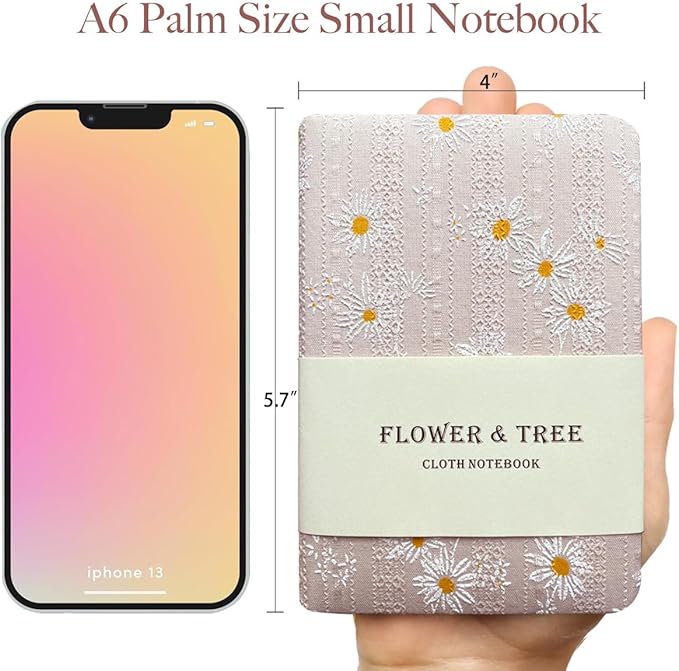 Fabric Pocket Notebook, Flower Cloth Hardcover Journal, A6, 264 Pages, 4x6 Small Notebook & Sketchbook, Similar Embroidered Journal, Lay Flat, Daisy Gifts for Women, Pink