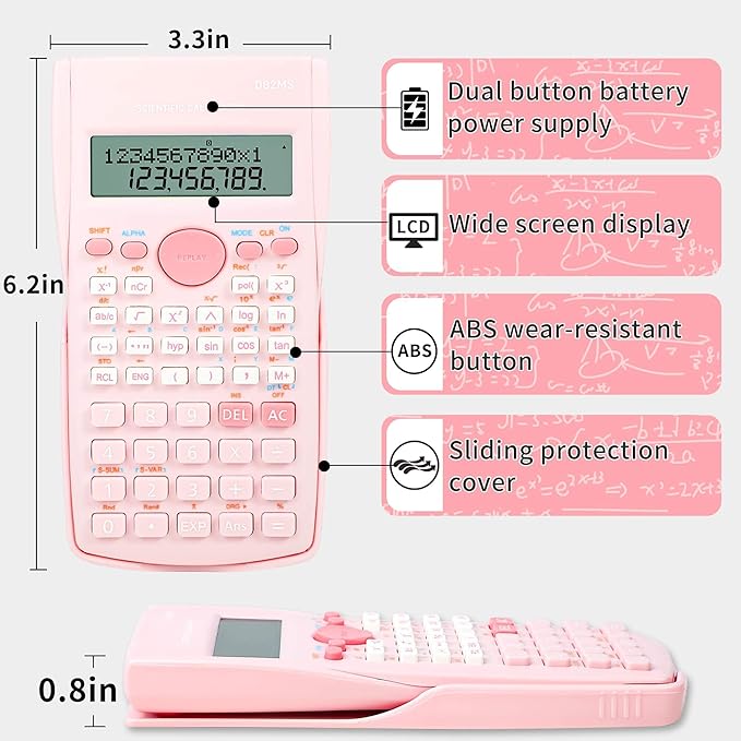 Pink Scientific Calculator, Cute 2-Line Math Calculator for Students, Algebra Geometry Calculator for Middle School, High School & College Supplies