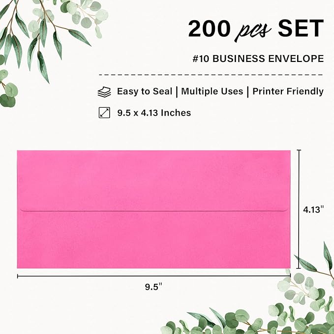 200 Pack #10 Business Envelopes, Self Seal Standard Hot Pink Envelopes for Secure Business & Legal Mailing, Office, Checks, Letter, Invoices, 4 1/8 x 9 1/2 Inches