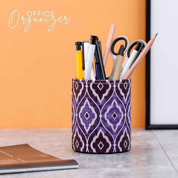 Desk Organizers, PU Leather Makeup Brush Holder for Cosmetics Office Supplies, Blue Ikat PH87