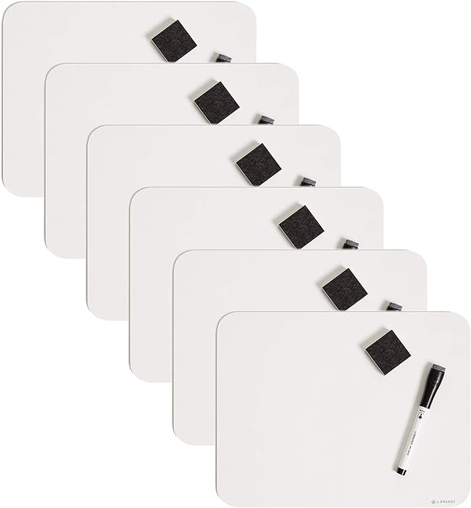 U Brands Dry Erase Lap Board Set, 12” x 9”, Small Whiteboard, Includes 6 Markers and 6 Erasers, 6 Count