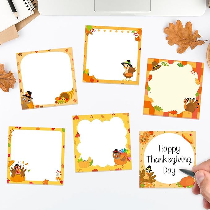 30 Pcs Thanksgiving Sticky Notes Turkey Note Pads with Maple Leaf Memo Notes for Fall Thanksgiving Gifts School Office Home Students Teachers Give Thanks Presents (Thanksgiving)