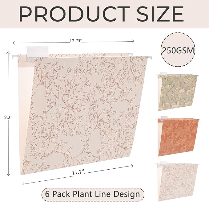 6 Pack Hanging File Folder Letter Size Reinforced Hanging Folders with 1/5-Cut Adjustable Tabs File Folders for Filing Cabinet Organizer for Office Home, Plant Line Design