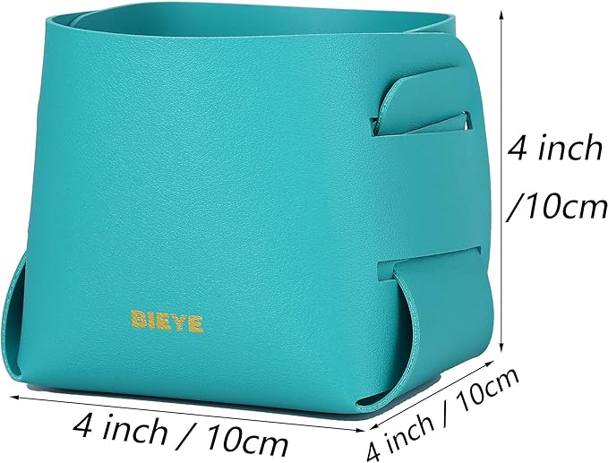 Bieye LSB002 Collapsible Leather Storage Bin Decorative Desk Organizer for Jewelry Makeup Pen Pencil Glasses Remote Controller Storage (Turquoise, 4WX4LX4H)